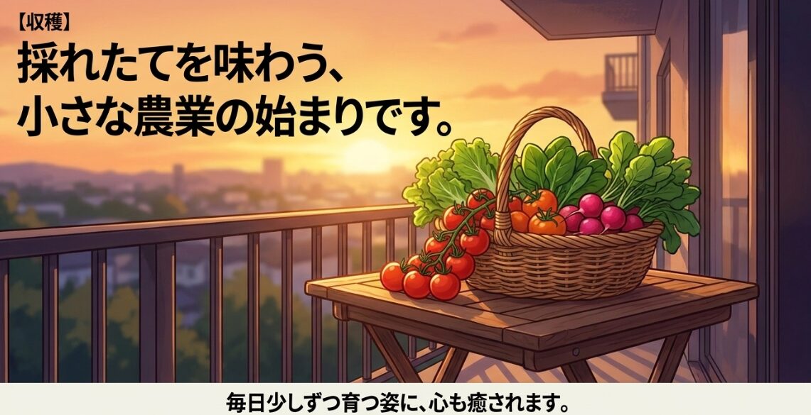 夕暮れのベランダのテーブルに置かれた、収穫したての新鮮なトマトや葉物野菜がたっぷり入ったカゴのイラスト