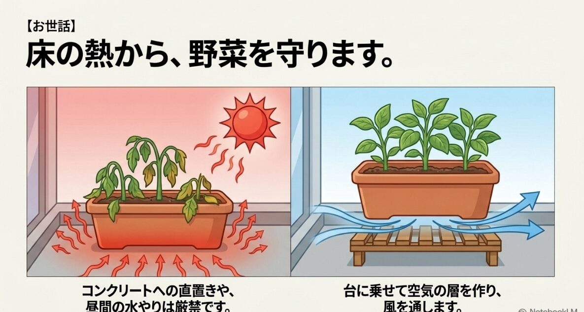コンクリート直置きによる熱のダメージを受けた植物と、すのこ等の台に乗せて風通しを良くして元気に育つ植物の比較図