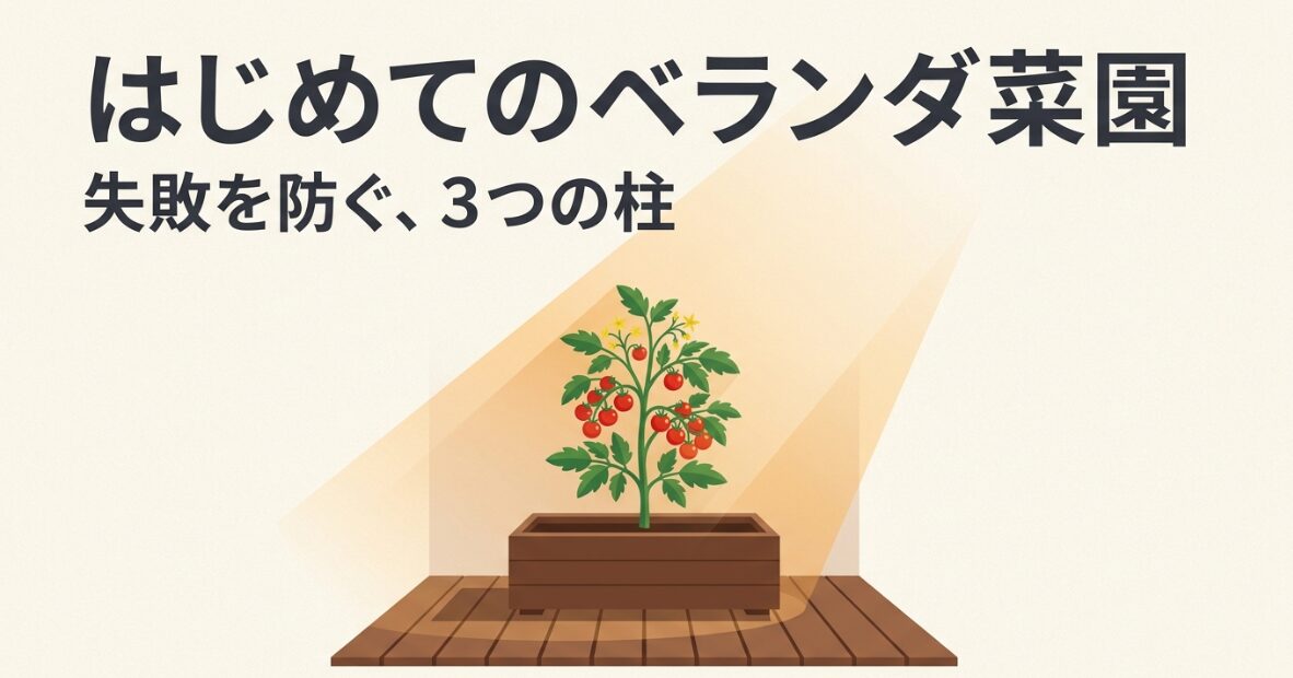 木製プランターで育つミニトマトと、はじめてのベランダ菜園で失敗を防ぐ3つの柱を表現したイラスト