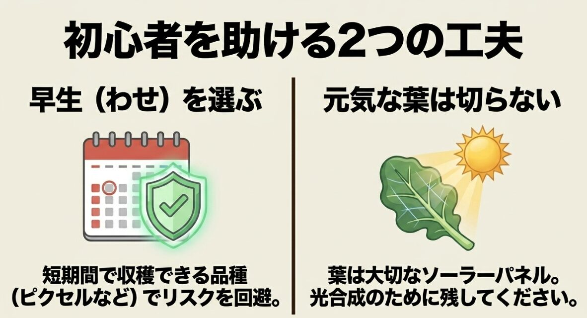 ブロッコリー栽培初心者向けの推奨アプローチ 初心者を助ける工夫:早生品種を選び、元気な葉は切らない