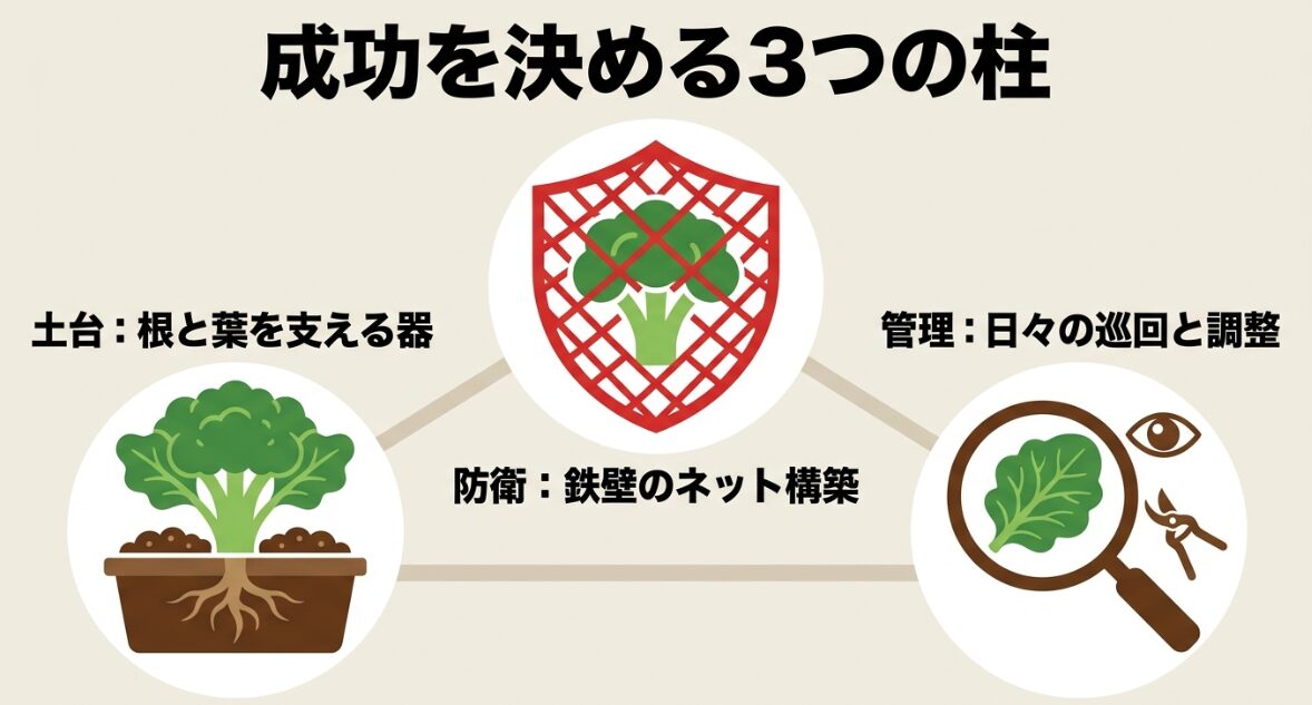 成功を決める3つの柱 ブロッコリー栽培成功を決める3つの柱(土台・防衛・管理)