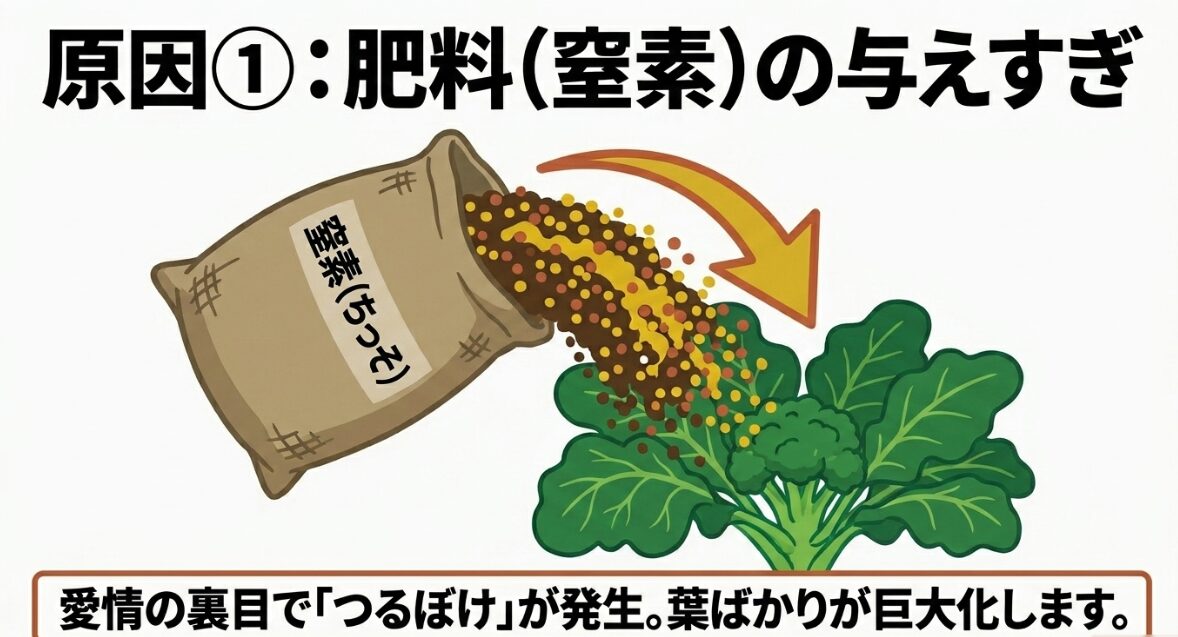 窒素過多で葉ばかり巨大化するつるぼけ現象 原因1:窒素肥料の与えすぎによるブロッコリーのつるぼけ