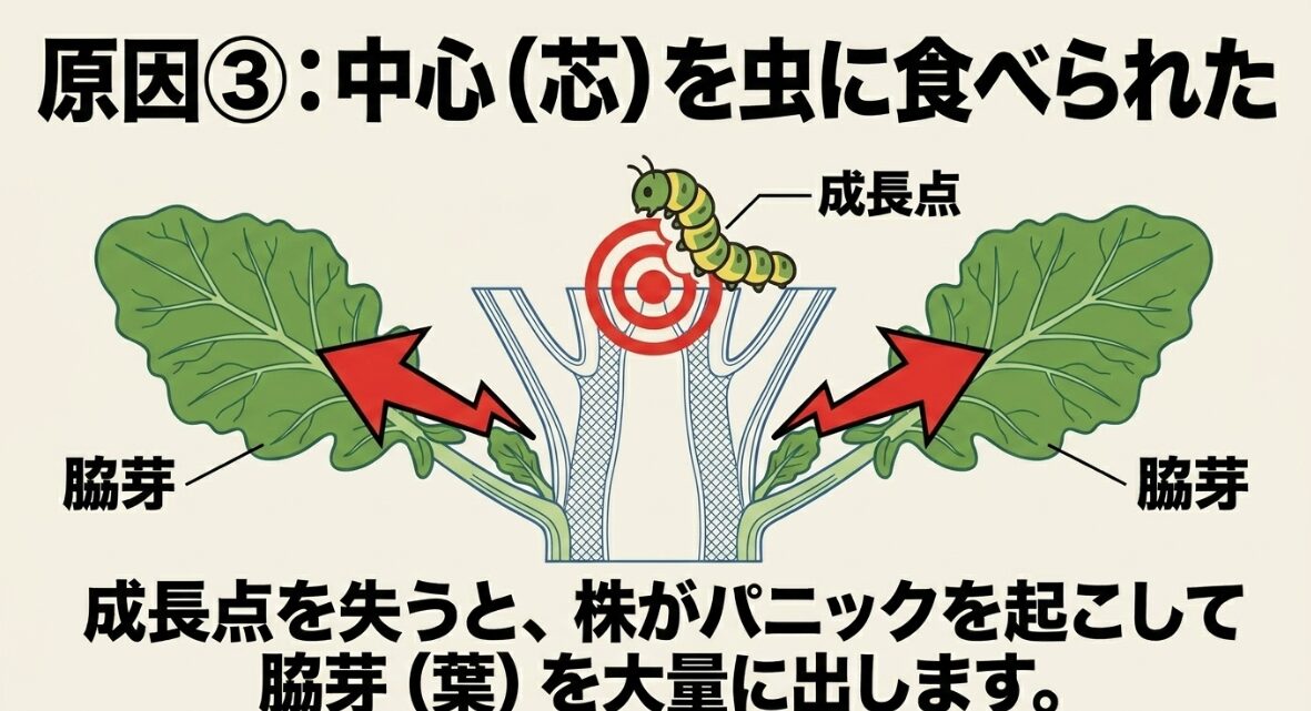 成長点を害虫に食害された際の株の変化 原因3:ブロッコリーの成長点を虫に食べられ脇芽が大量に出る様子