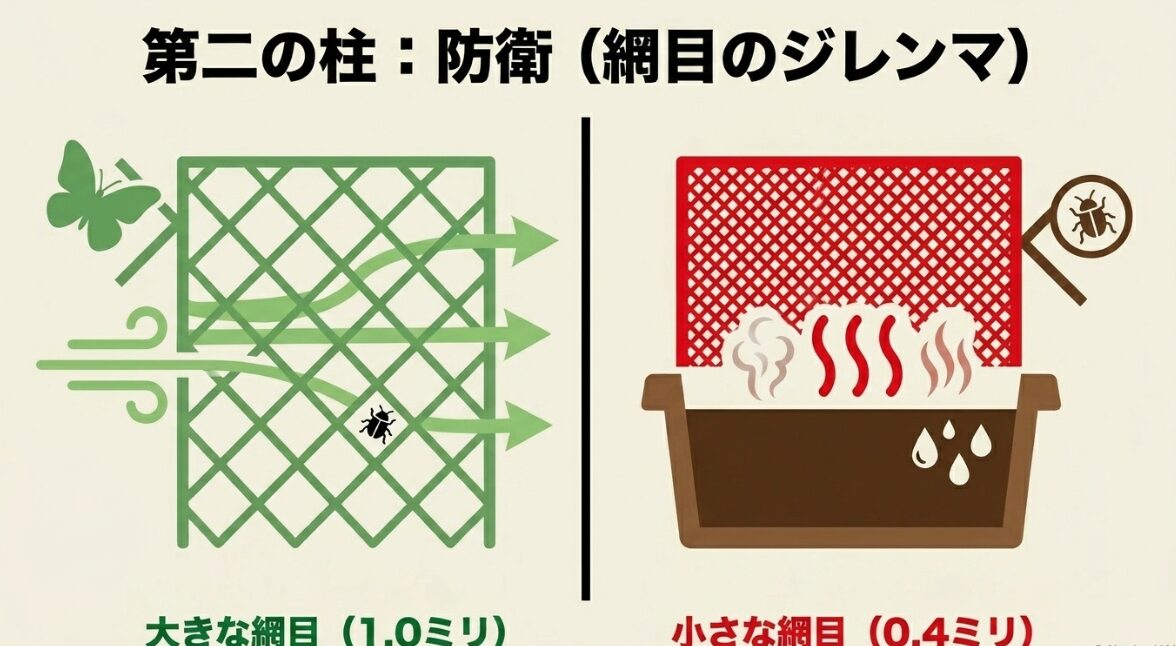 防虫ネットの網目と通気性のジレンマ 防虫ネットの網目の大きさと通気性の関係を示す図