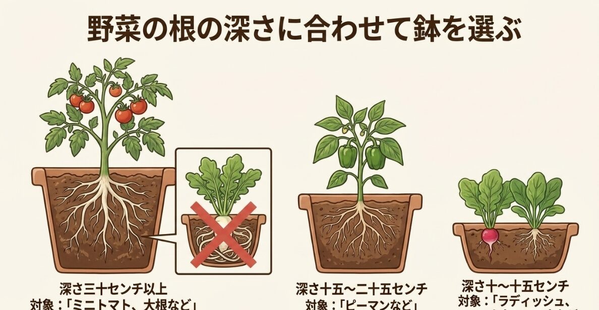 トマトなどの深根性野菜と大根などの根の深さに合わせてプランター・鉢の深さを選ぶ方法