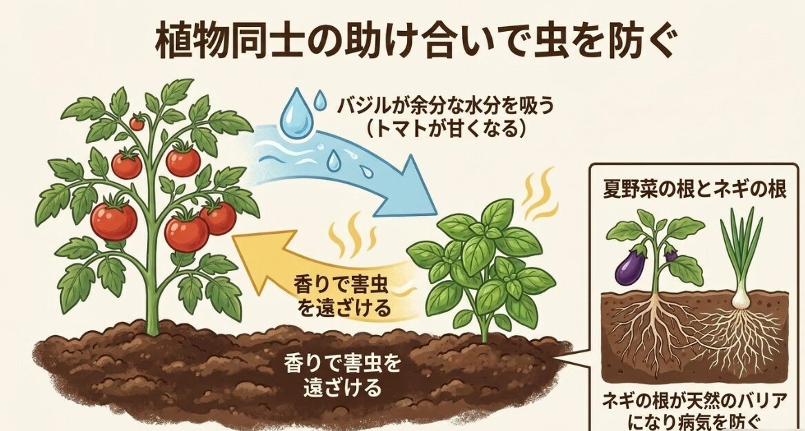 トマトとバジル、ナスとネギなど植物同士の助け合いの香りで害虫や病気を防ぐコンパニオンプランツ