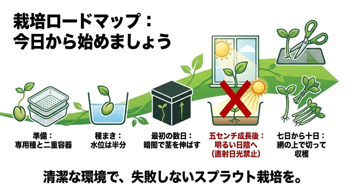 準備から種まき、暗所管理、緑化、収穫までの栽培ロードマップ