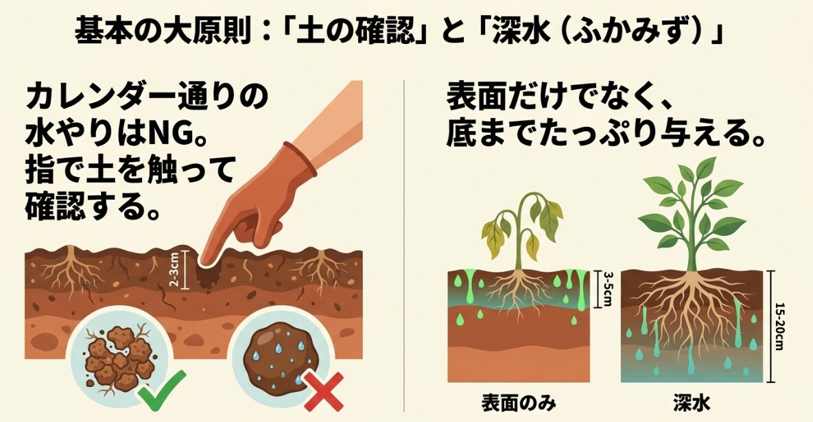 土の確認方法と深水による根の張り方の違い