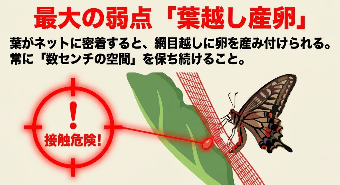 最大の弱点「葉越し産卵」 葉がネットに密着した部分に蝶が卵を産み付ける葉越し産卵の危険性