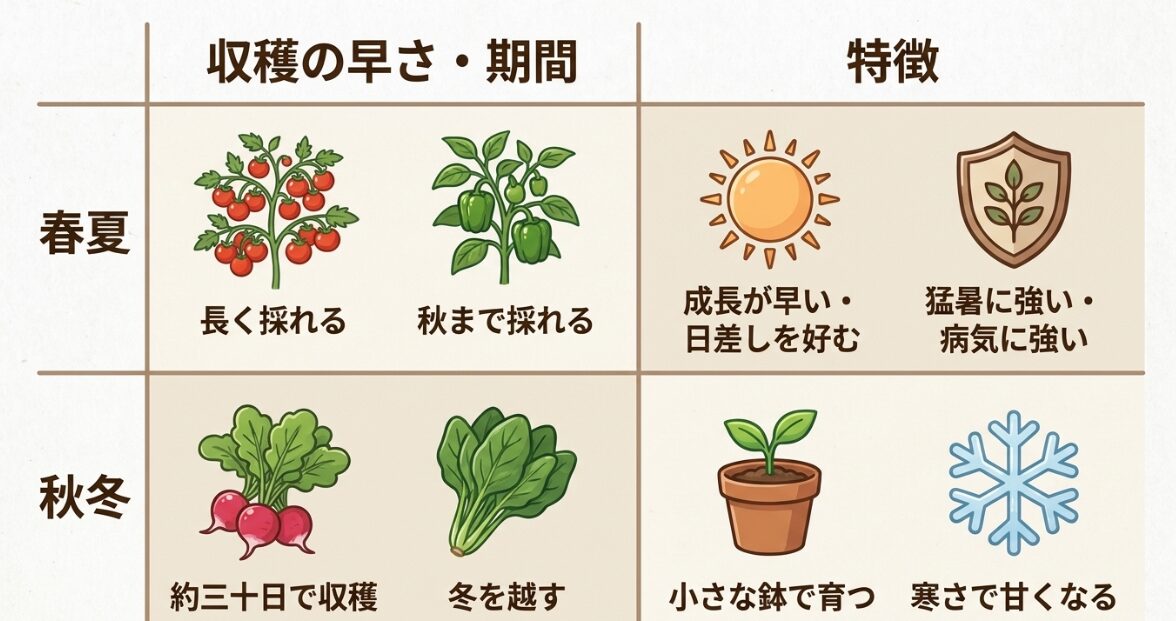春夏野菜と秋冬野菜の収穫の早さ・期間と特徴の比較