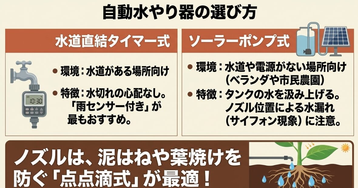 水道直結タイマー式とソーラーポンプ式自動水やり器の特徴と選び方