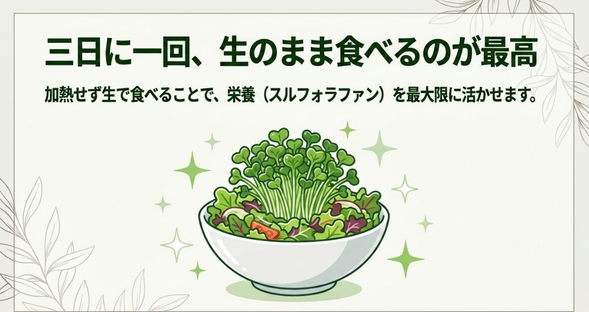 栄養（スルフォラファン）を最大限に活かすため、3日に1回生のまま食べるのが最適であることの図解