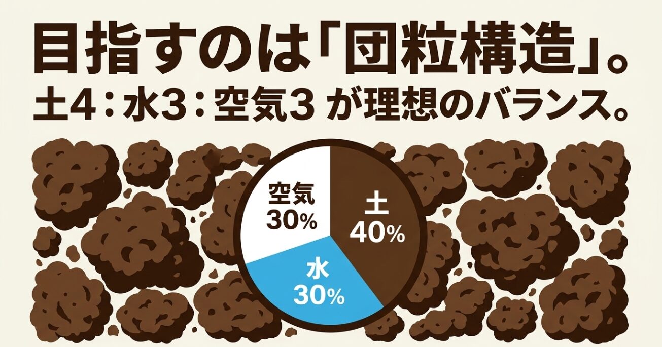 目指すのは団粒構造。土40%、水30%、空気30%が理想のバランス。