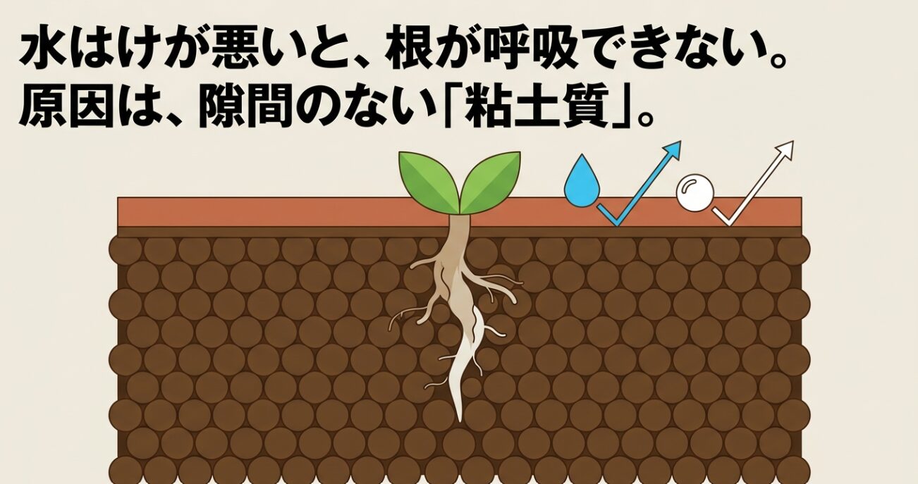 水はけが悪いと根が呼吸できない。原因は隙間のない粘土質。