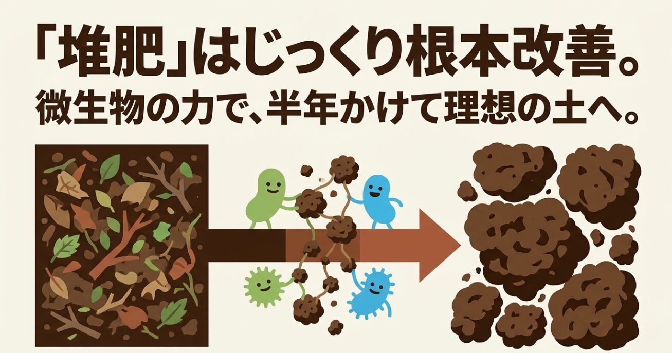 堆肥はじっくり根本改善。微生物の力で半年かけて理想の土へ変化する図解。