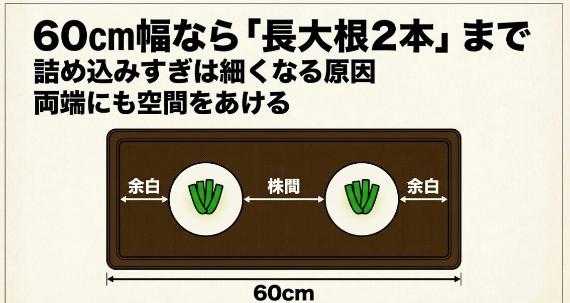 60cm幅のプランターに長大根を2本植えて株間と両端の余白を確保する配置図