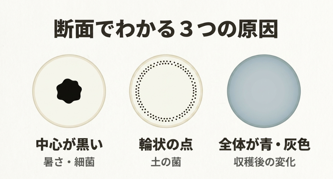 大根の断面に現れる中心の黒変、輪状の黒点、青や灰色の変色を比較した図