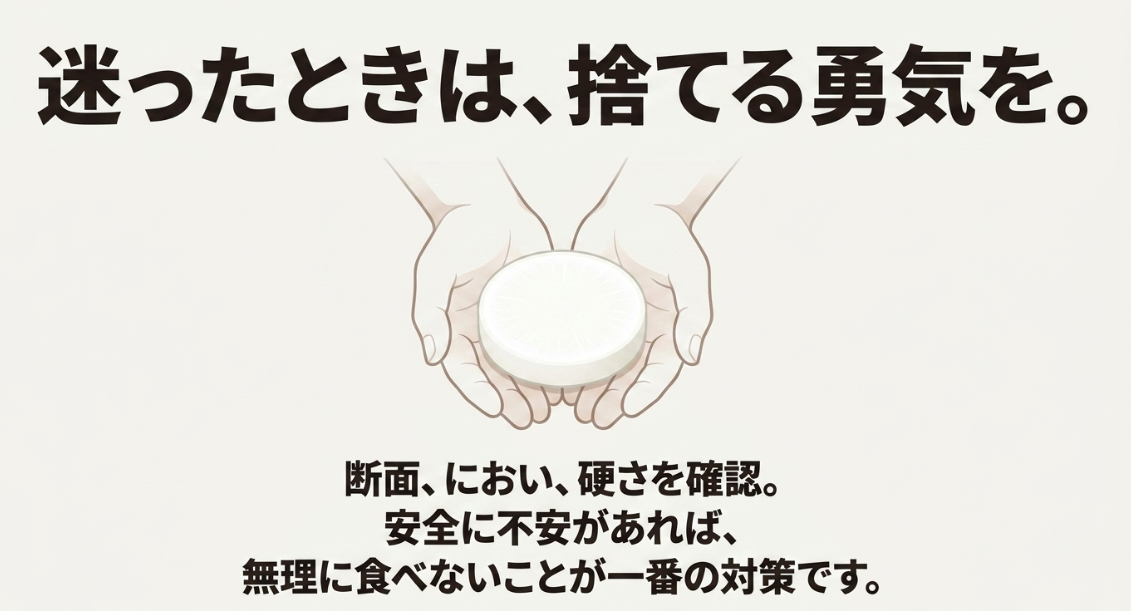 大根の中が黒いときに断面、におい、硬さを確認し不安なら食べない判断を示した図