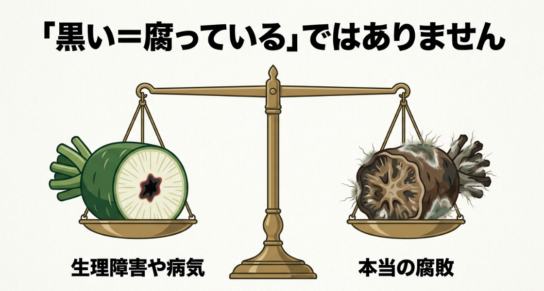 大根の中が黒い原因には生理障害や病気があり腐敗とは限らないことを示した図