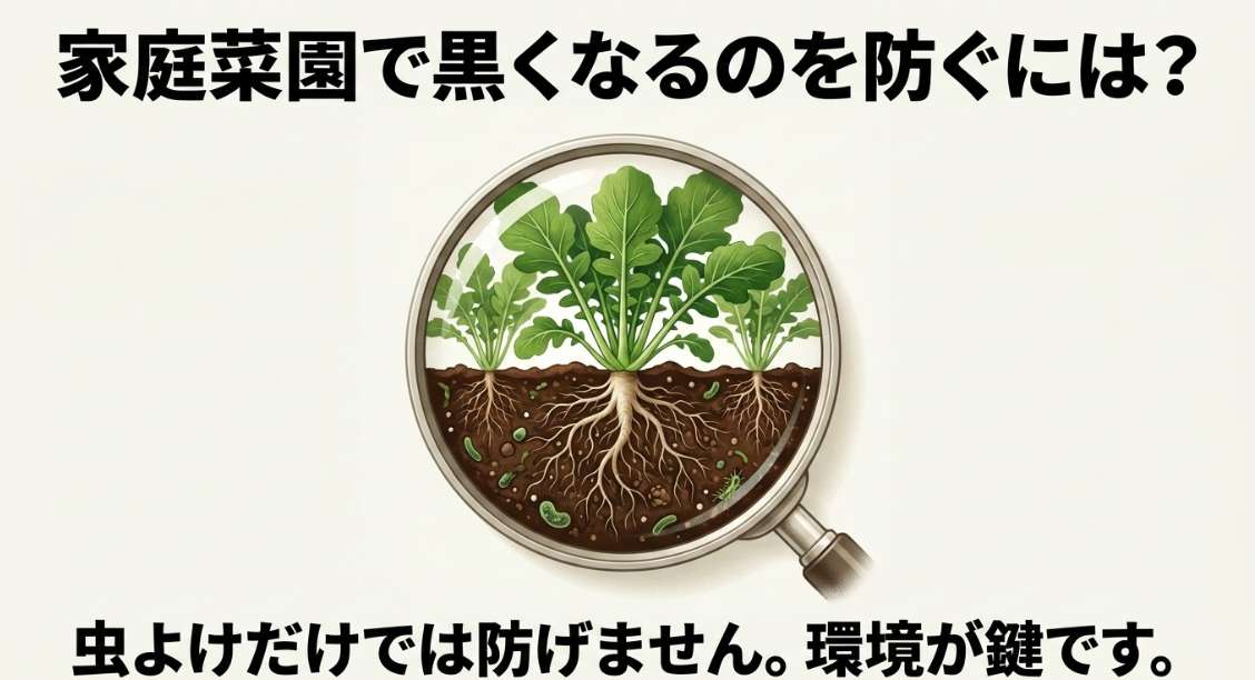 大根の内部が黒くなるのを防ぐには害虫対策だけでなく栽培環境が重要と示した図