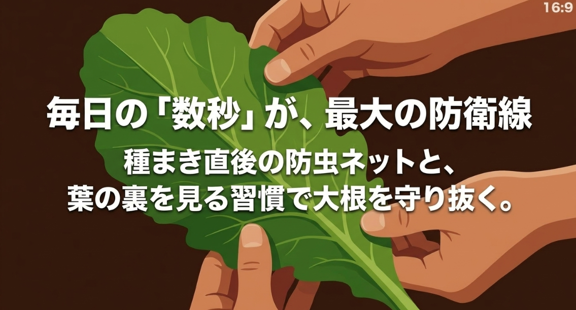 大根の葉裏を毎日確認し種まき直後の防虫ネットとこまめな観察で害虫被害を防ぐポイント