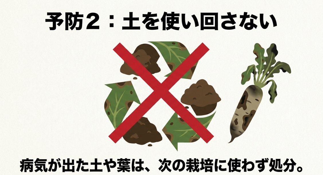 大根に病気が出た土や葉を次の栽培に使い回さない予防方法を示した図