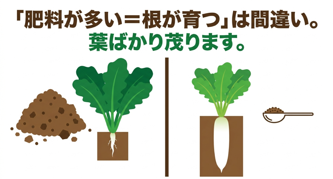 大根は肥料を多く与えると葉ばかり茂り根が育ちにくくなることを示した比較図