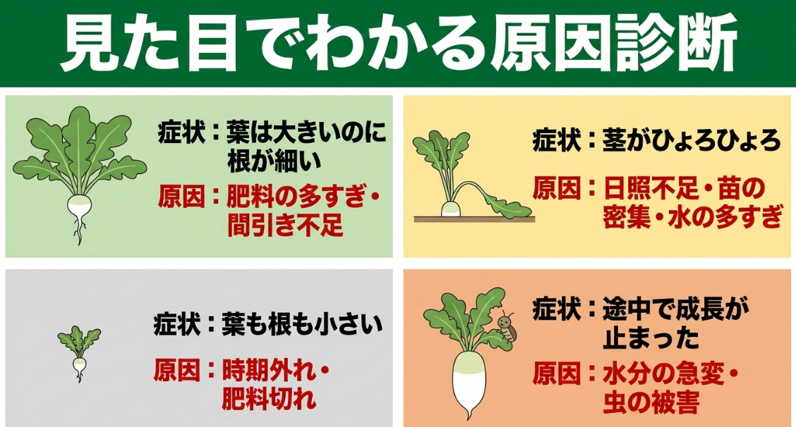 大根の葉や茎や根の状態から肥料過多、日照不足、間引き不足、水分の問題を見分ける原因診断