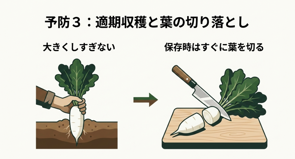 大根を大きくしすぎず適期に収穫し保存前に葉を切り落とす方法
