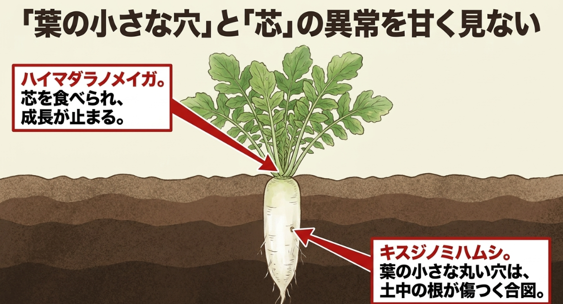 大根の葉の小さな穴からキスジノミハムシの根への被害を疑い芯の異常からハイマダラノメイガを見分ける図