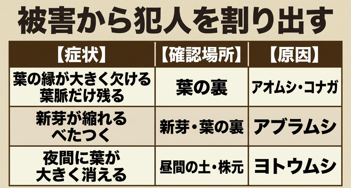 大根の葉の欠け、新芽の縮れ、夜間の食害からアオムシ、コナガ、アブラムシ、ヨトウムシを見分ける図