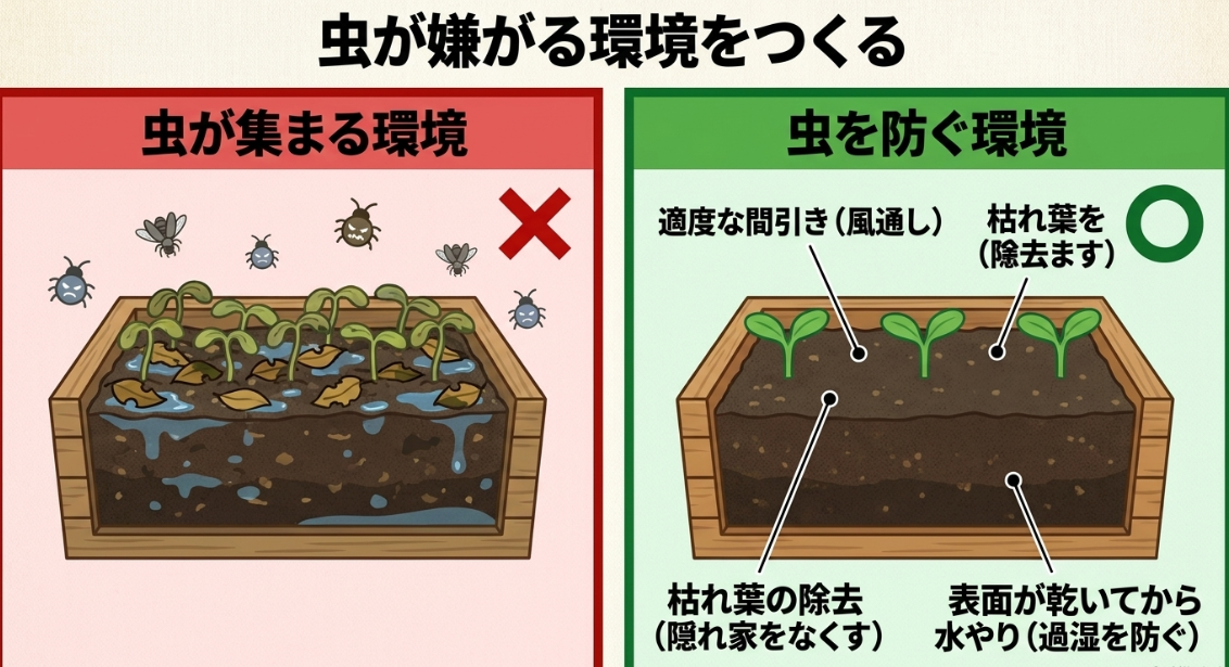 大根栽培で害虫が集まりやすい過湿環境と間引きや枯れ葉除去で害虫を防ぐ環境の比較図