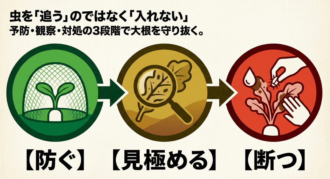 大根の害虫対策を防虫による予防、被害の見極め、害虫への対処の3段階で示した図