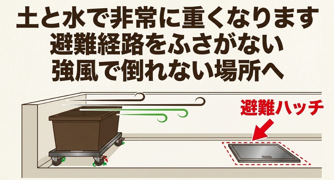 土と水で重くなる大根プランターを避難ハッチから離して強風でも倒れにくい場所へ置く安全対策の図