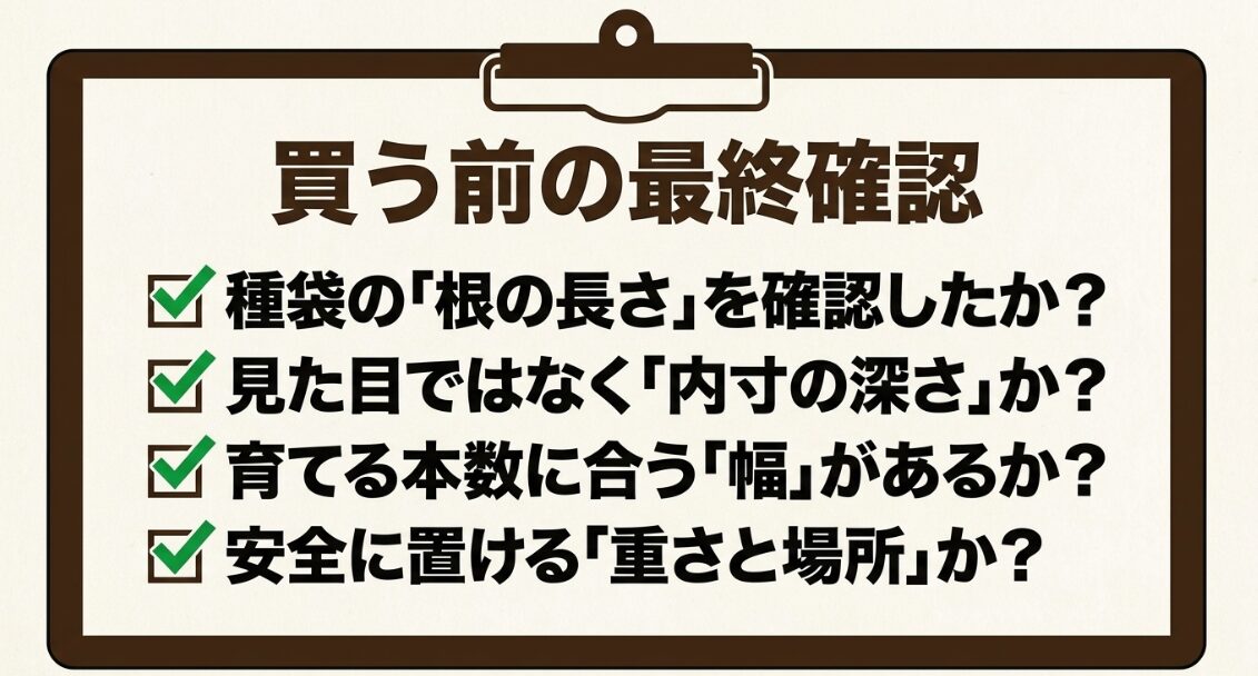 種袋の根長、プランターの内寸、栽培本数、重さと置き場所を確認する大根プランター購入前チェックリスト