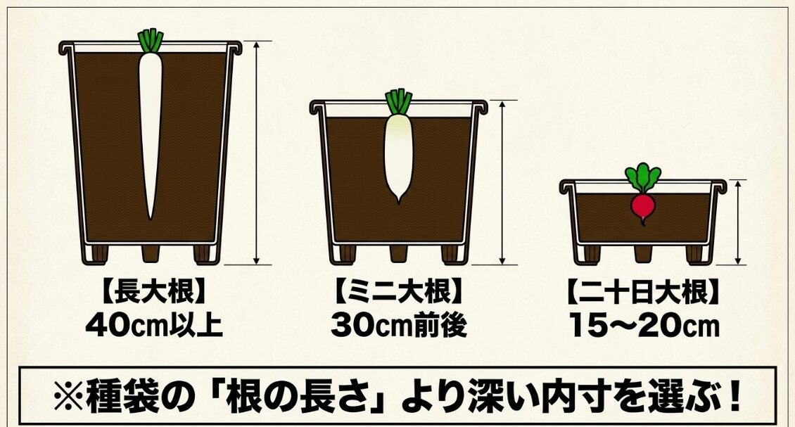 長大根は40cm以上、ミニ大根は30cm前後、二十日大根は15から20cmを目安にするプランター深さの比較図