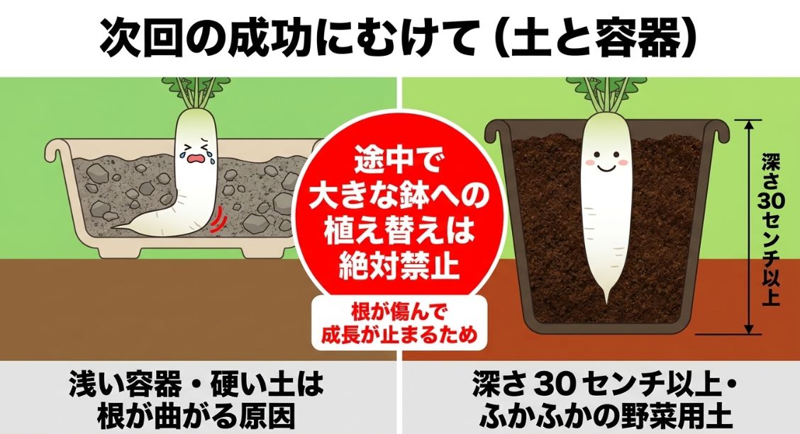 大根は浅い容器や硬い土を避け深さ30センチ以上のプランターと柔らかい野菜用土で育てる