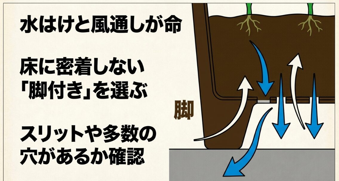 脚付きプランターの排水穴とスリットから水が抜けて根へ空気が届く仕組みを示した図