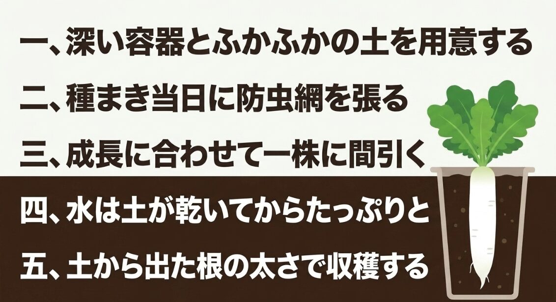 深い容器と柔らかな土や防虫ネットや間引きなど大根プランター栽培の5つのポイント
