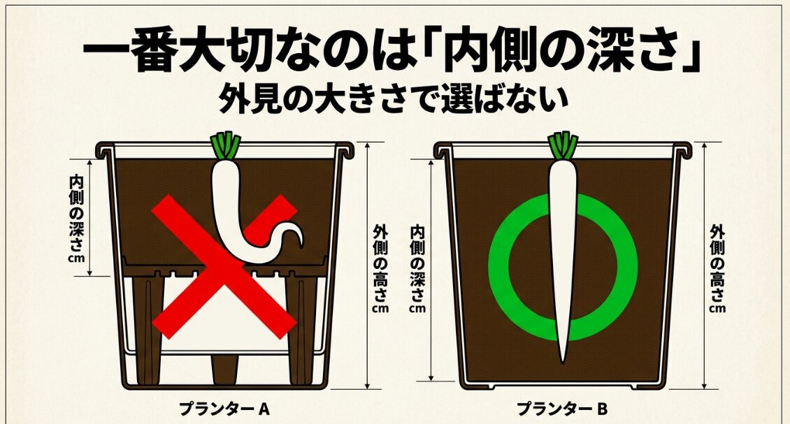 外寸が高くても土の深さが足りないプランターと内側の深さが十分なプランターの比較図