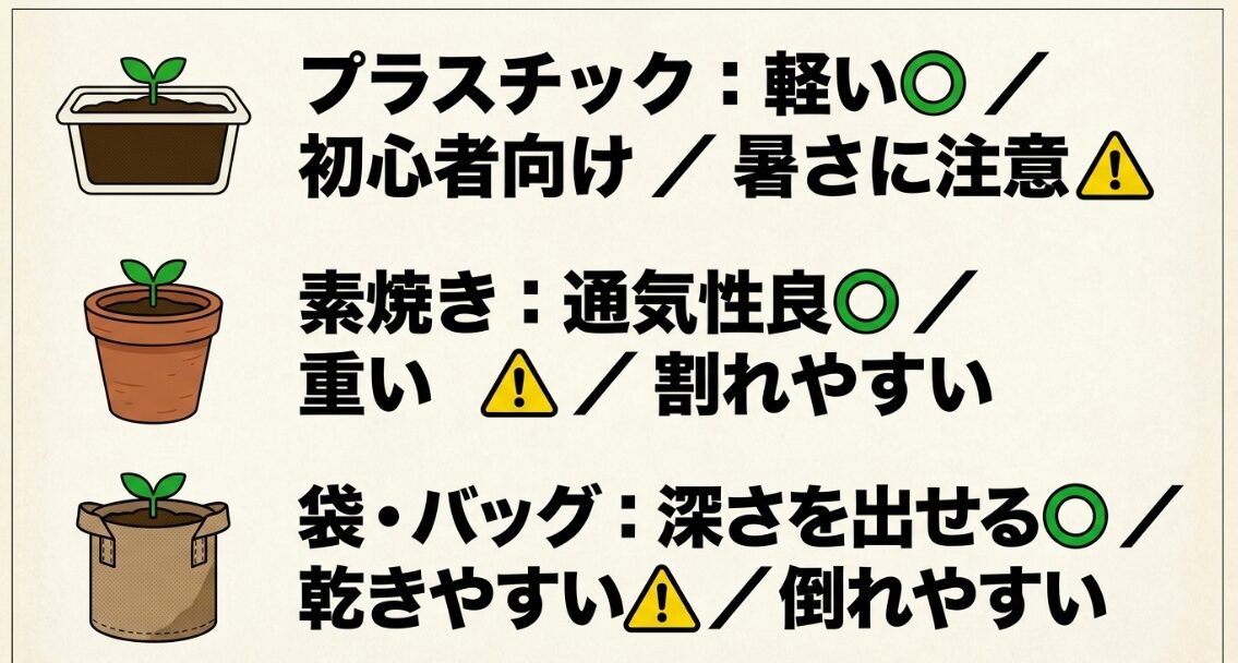 プラスチック、素焼き、不織布バッグの大根プランターについて重さ、通気性、乾きやすさを比較した図