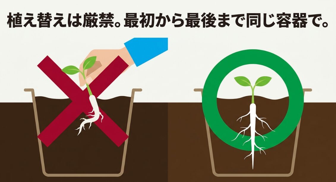 大根を植え替えて根が傷んだ例と同じプランターで育てた正常な根の比較