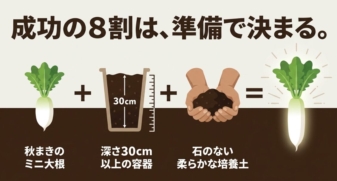 秋まきのミニ大根と深さ30センチ以上の容器と柔らかな培養土を用意するポイント