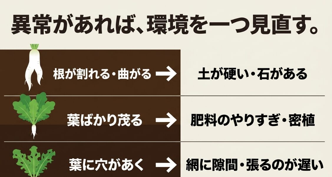大根の根が曲がる葉ばかり茂る葉に穴が開く症状と主な原因を整理した図