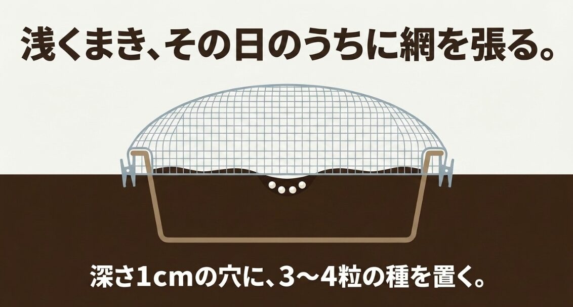 深さ1センチの穴に大根の種を3から4粒まき種まき当日に防虫ネットを張る方法