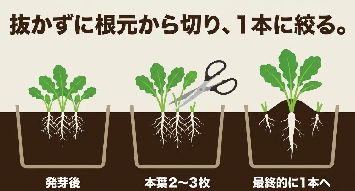 大根を発芽後から本葉の成長に合わせて間引き最終的に一本へ絞る手順