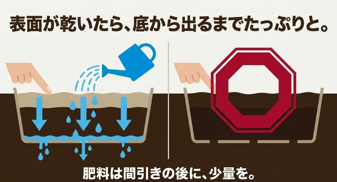土の表面が乾いたら鉢底から流れるまで水を与え間引き後に少量を追肥する方法