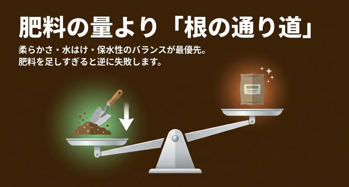 大根の土作りでは肥料の量より土の柔らかさ、水はけ、保水性を優先することを示す図