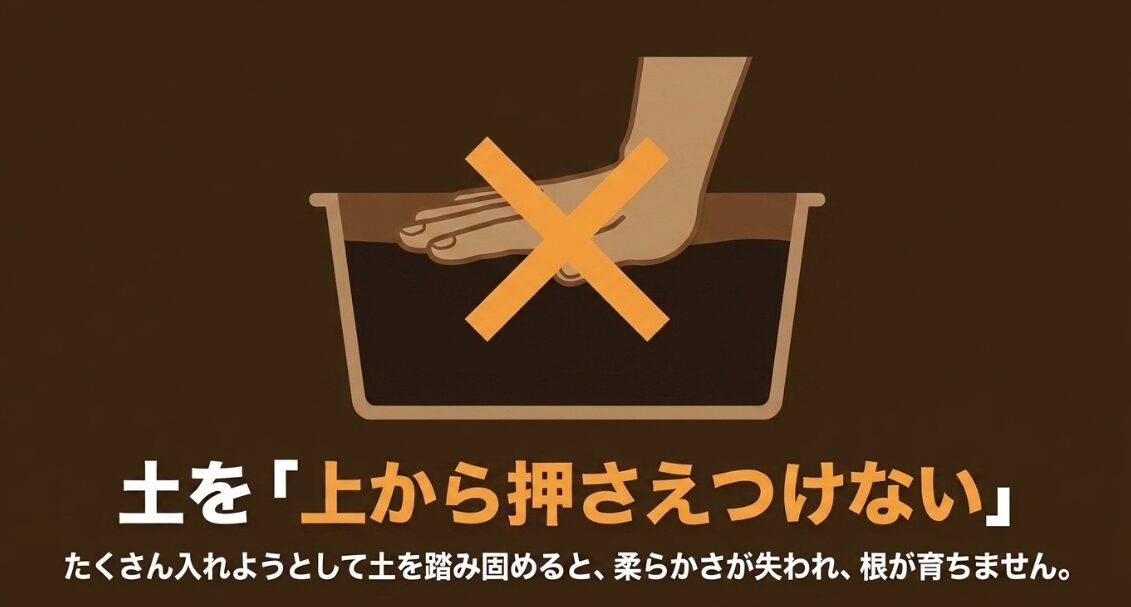 プランターの土を上から踏み固めると柔らかさが失われ大根の根が育ちにくくなることを示す注意図