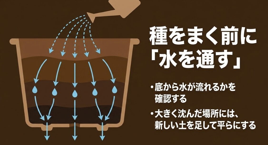 種まき前にプランター全体へ水を通し、鉢底からの排水と土の沈みを確認する方法